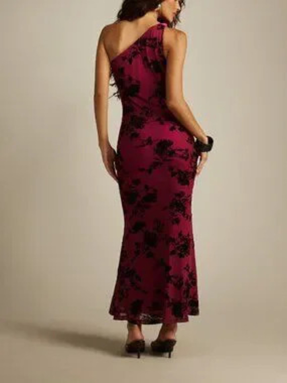 Elegant Women's One Shoulder Velvet Floral detailed mesh Maxi Mermaid dress